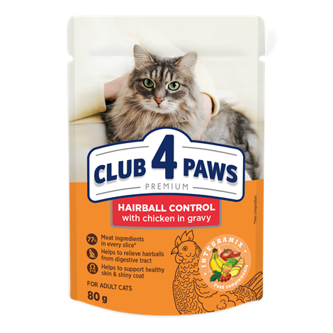 Club 4 Paws Премиум — Пауч за Котки за Извеждане на Козина (Пиле в Сос)
