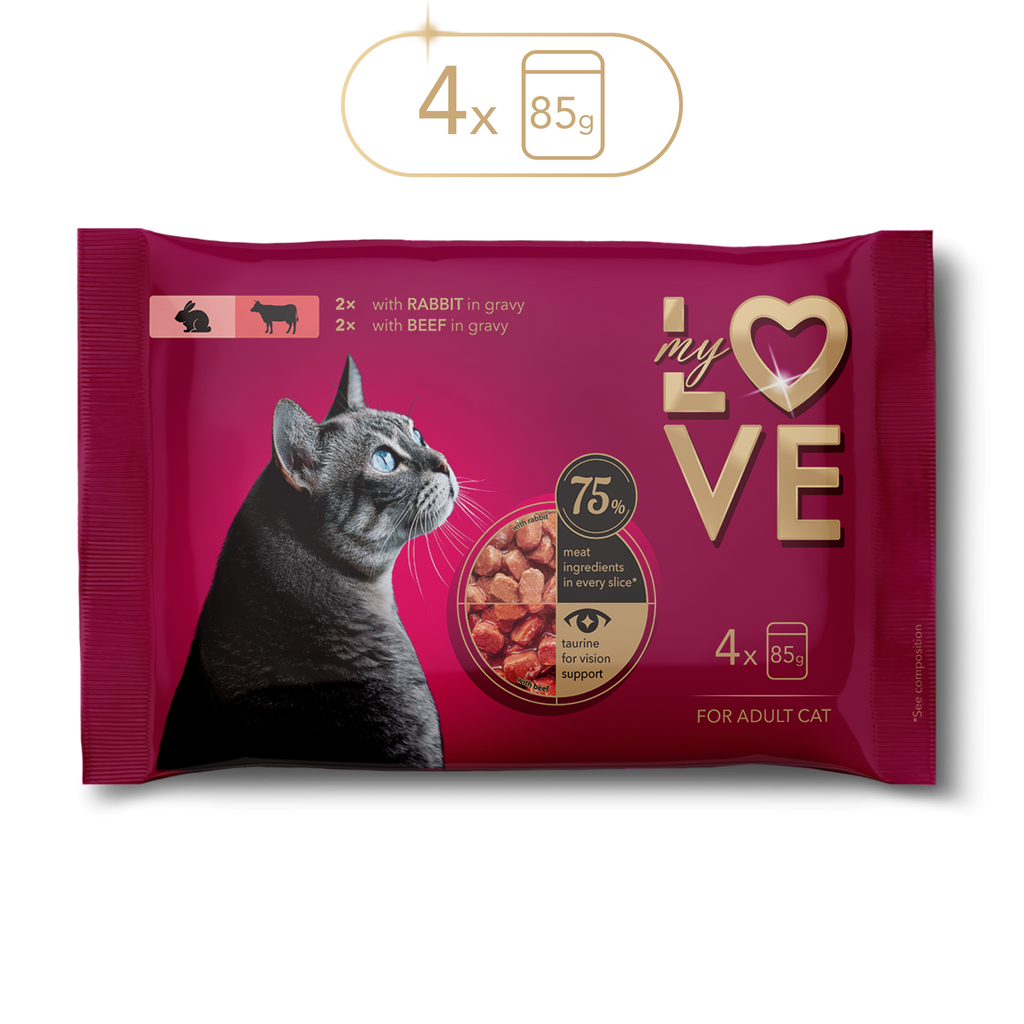 Мокра храна за котки със заек и говеждо в сос, My Love — 340 г