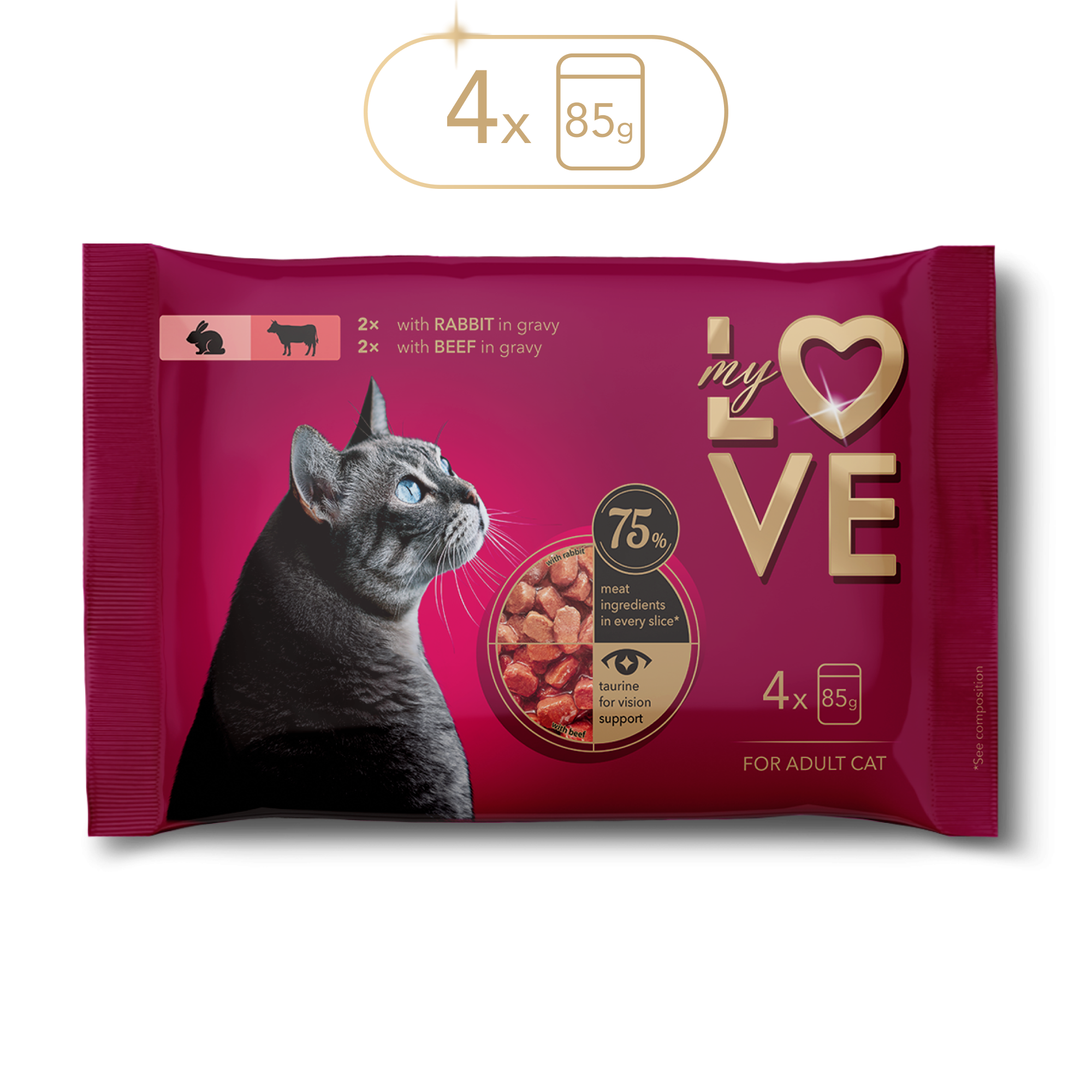 Мокра храна за котки със заек и говеждо в сос, My Love — 340 г