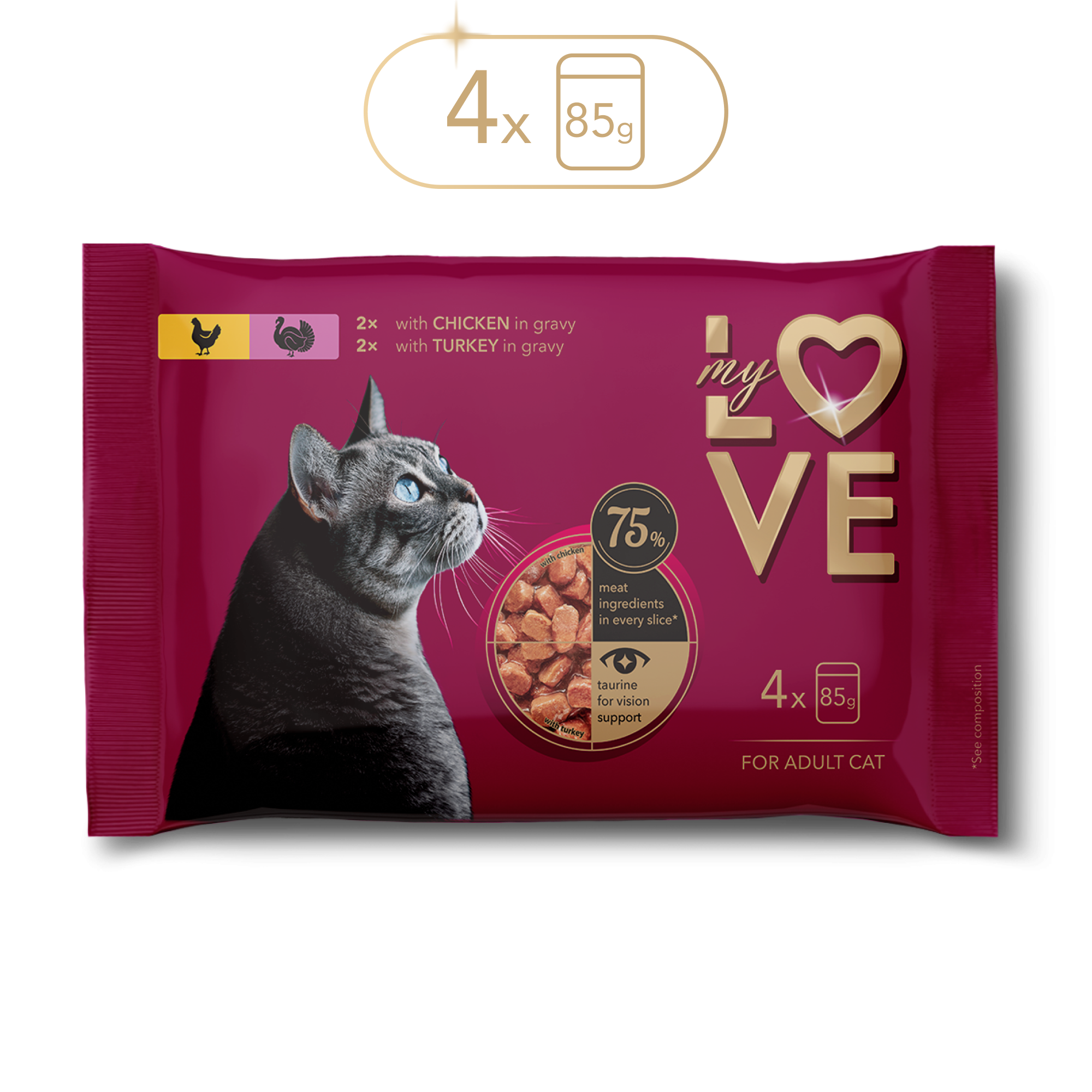 Мокра храна за котки с пиле и пуйка в сос, My Love — 340 г