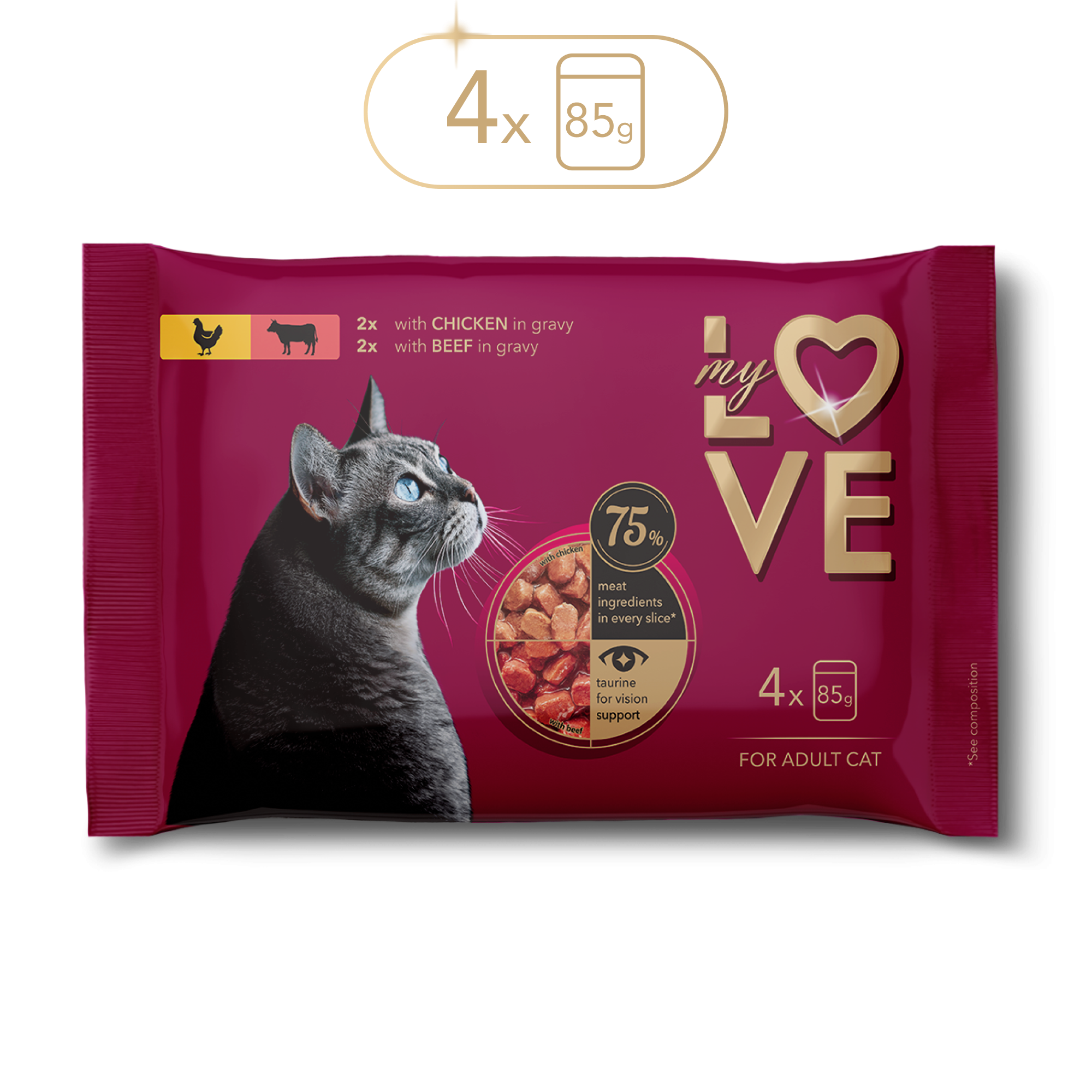 Мокра храна за котки с пиле и говеждо в сос, My Love — 340 г