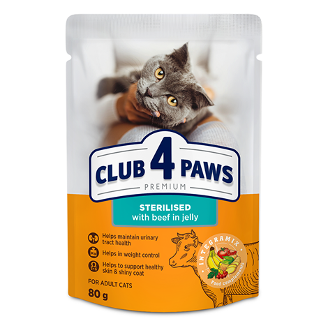 Club 4 Paws Премиум — Пауч за Стерилизирани Котки (Говеждо в Желе)