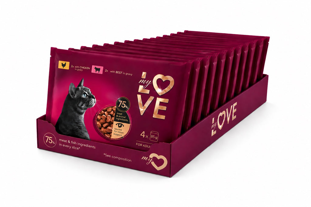 Пауч (х4) за котки с пиле и говеждо в сос, My Love